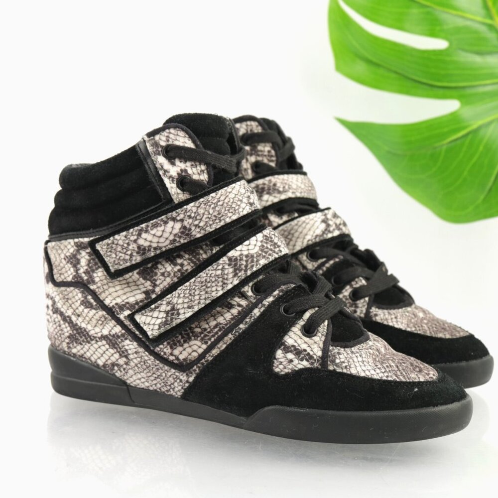 The Kooples Womens Sneaker Size 8 Gray Black Python Hidden Wedge Booties Lace Up